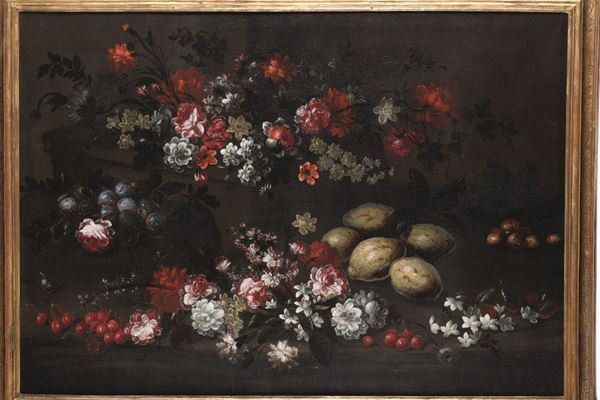 Scuola del XVII secolo Natura morta con fiori e frutta