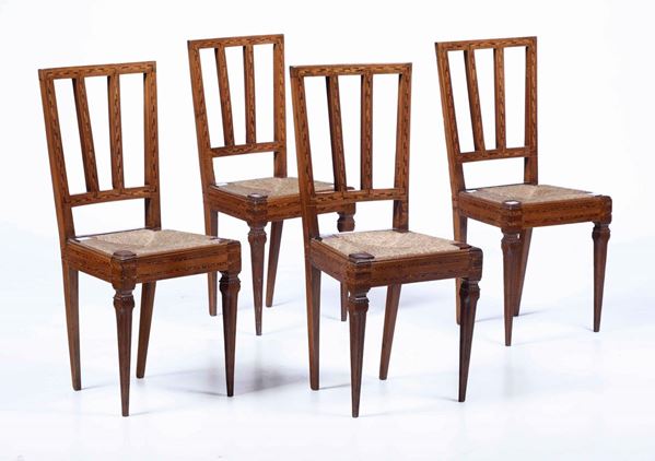 Quattro sedie in noce intarsiate alla maniera di Maggiolini, XIX secolo