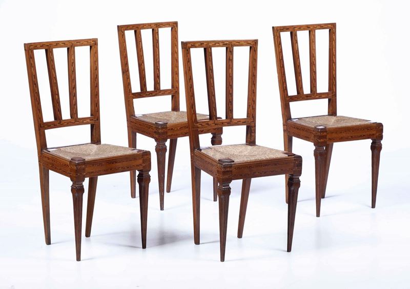 Quattro sedie in noce intarsiate alla maniera di Maggiolini, XIX secolo  - Asta Antiquariato III - Asta a Tempo - Cambi Casa d'Aste