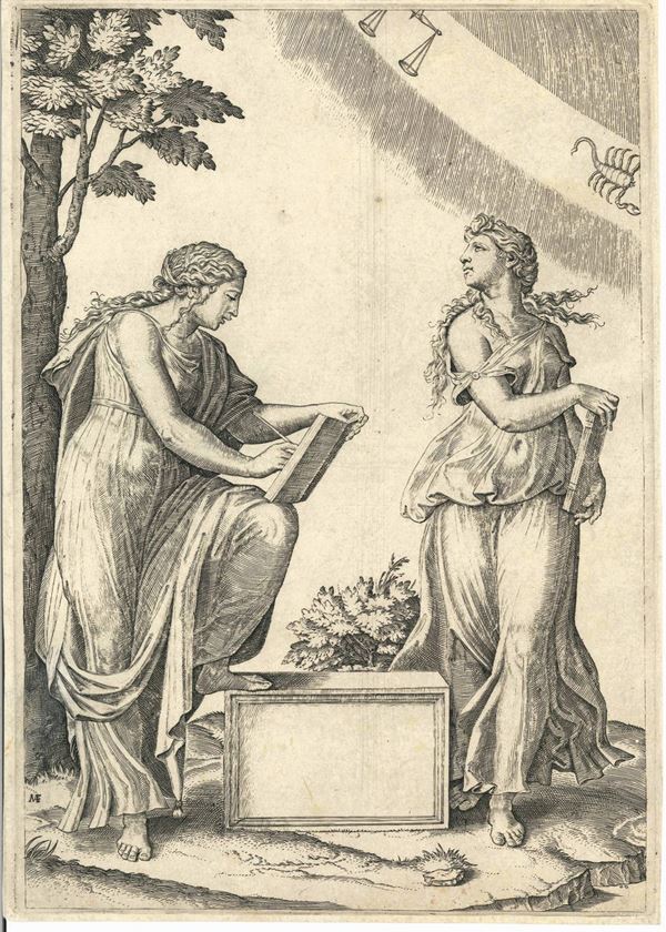 Marcantonio Raimondi (Molinella, 1479 ca. – Bologna, prima del 1534) Due sibille con lo zodiaco