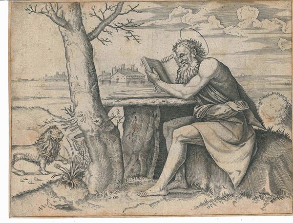 Agostino de Musi detto Veneziano (Venezia, 1490 ca. – Roma, 1540 ca.) San Gerolamo e il piccolo leone