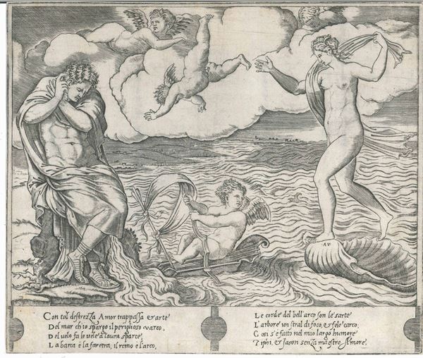 Agostino de Musi detto Veneziano (Venezia, 1490 ca. – Roma, 1540 ca.) Venere e Amore sul mare