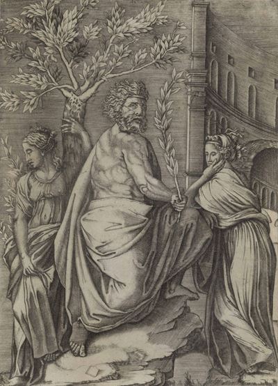 Agostino De Musi Detto Veneziano (venezia, 1490 Ca. – Roma, 1540 Ca.)uomo con Lauro