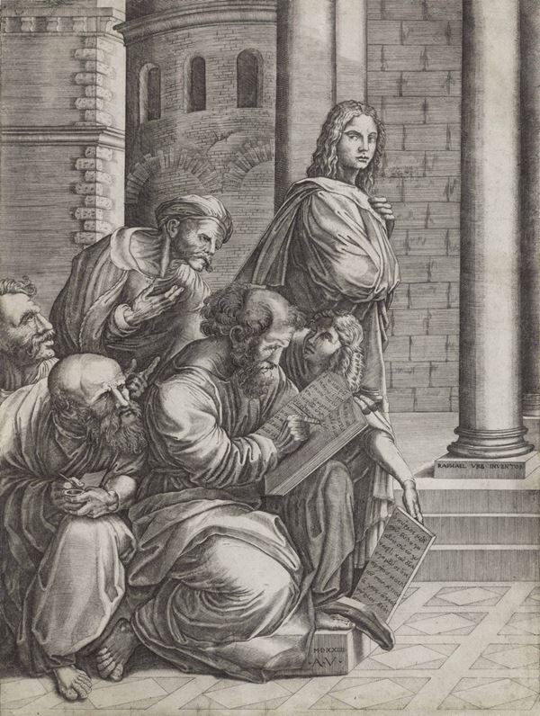 Agostino de Musi detto Veneziano (Venezia, 1490 ca. – Roma, 1540 ca.) Pitagora nella Scuola di Atene
