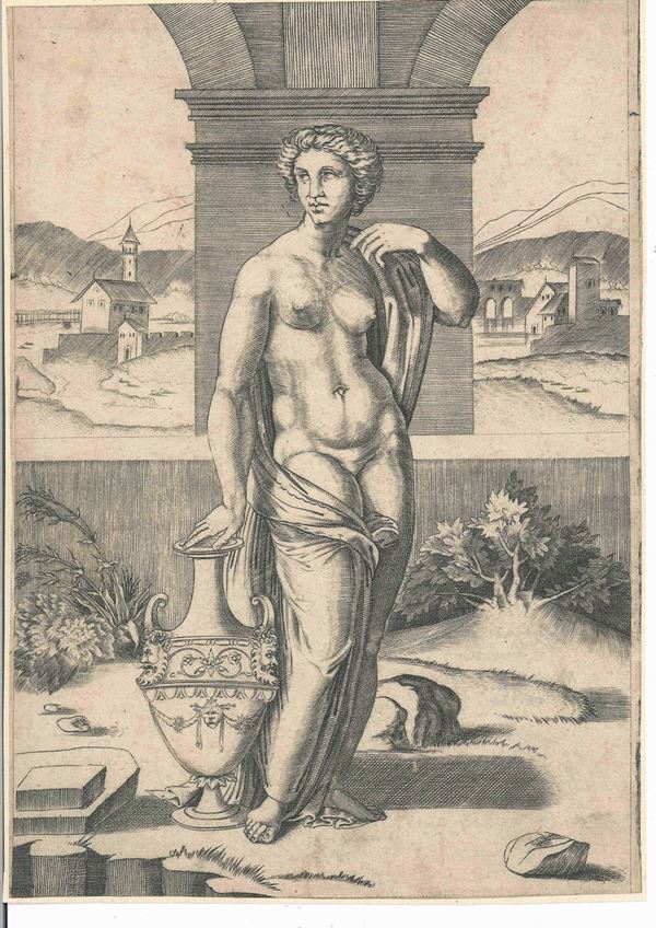 Agostino de Musi detto Veneziano (Venezia, 1490 ca. – Roma, 1540 ca.) Donna in piedi presso un vaso