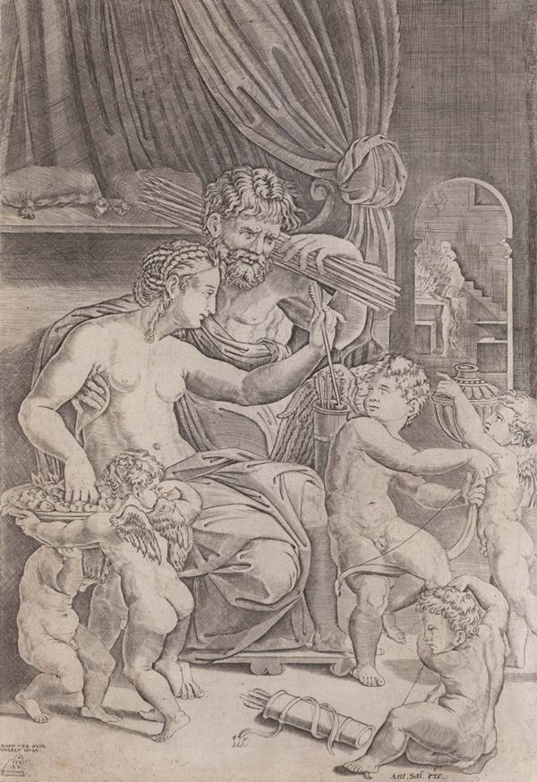 Agostino de Musi detto Veneziano (Venezia, 1490 ca. – Roma, 1540 ca.) Venere e Vulcano con amorini