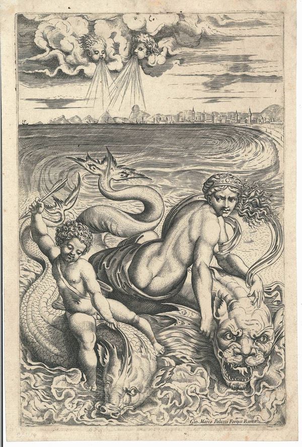 Marco Dente (Ravenna, 1493 - Roma, 1527) Venere e Amore portati da delfini