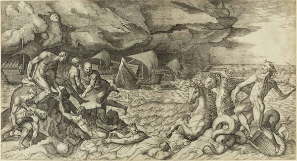 Giulio Bonasone (Bologna ?, 1488 - dopo 1574) Il naufragio di Enea