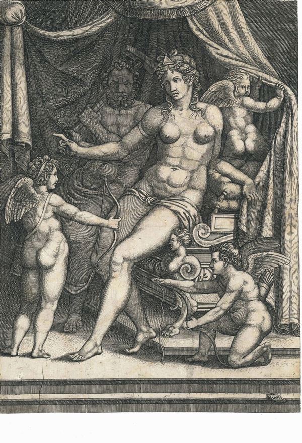 Giorgio Ghisi (Mantova, 1520 - 1582) Venere e Vulcano seduti su di un letto