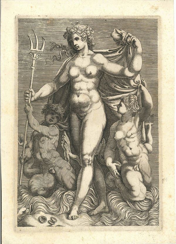 Giorgio Ghisi (Mantova, 1520 - 1582) Ninfa con due tritoni