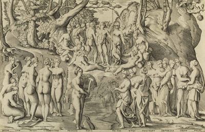 Enea Vico (parma, 1523 – Ferrara, 1567)disputa delle Muse e delle Pieridi sul Parnaso alla Presen...
