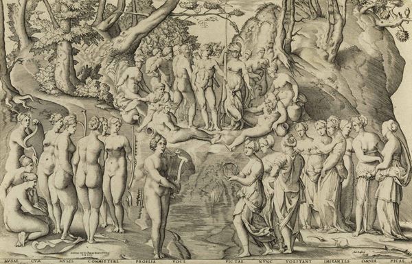 Enea Vico (Parma, 1523 – Ferrara, 1567) Disputa delle Muse e delle Pieridi sul Parnaso alla presenza di Apollo