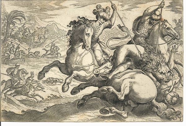 Antonio Tempesta (Firenze 1555 - Roma 1630) Caccia al leone
