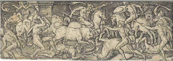 Etienne Delaune (Orléans, 1518 ca. - Parigi, 1583) Combattimento di Annibale e Scipione