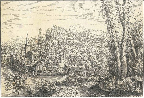 Hans Sebald Lautensack (Norimberga, 1524 ca. – Vienna, 1563) Veduta d'una piccola città ai bordi d'un fiume