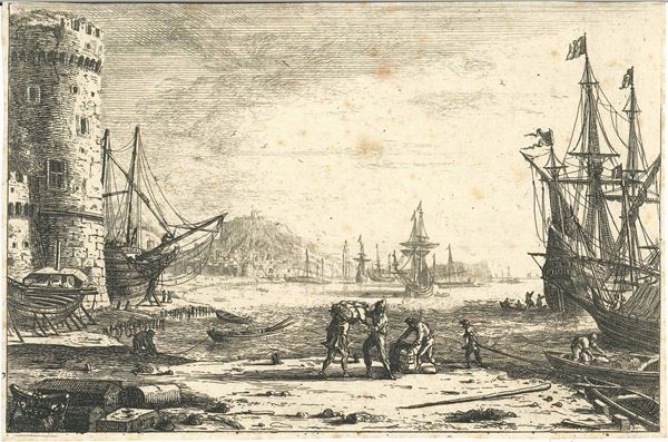 Claude Géllée detto Lorrain (Chamagne, 1600 – Roma, 1682) Porto di mare con edificio turrito