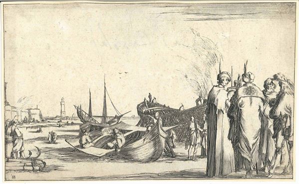 Stefano Della Bella (Firenze, 1610-1664) Scena di porto