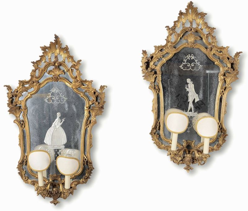 Coppia di specchierine in legno intagliato e dorato, XIX secolo  - Asta Importanti Sculture, Arredi e Oggetti d'Arte - Cambi Casa d'Aste