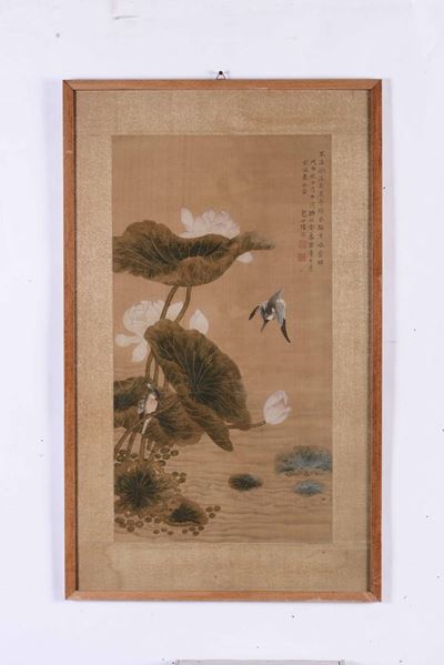 Dipinto su Seta a Soggetto Naturalistico con Uccellini e Iscrizione, Cina, Dinastia Qing, XIX Sec...
