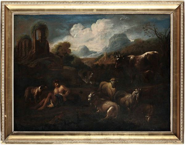Philipp Peter Roos, detto Rosa da Tivoli (Francoforte sul Meno 1655 - Tivoli 1706) Paesaggio con pastore, armenti e ruderi