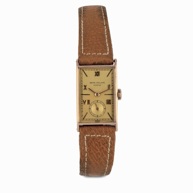 PATEK PHILIPPE - Elegante orologio di forma in oro rosa18ct. ref. 1468, carica manuale, circa 1939, con estratto d'archivio  - Asta Orologi da Polso e da Tasca  - Cambi Casa d'Aste
