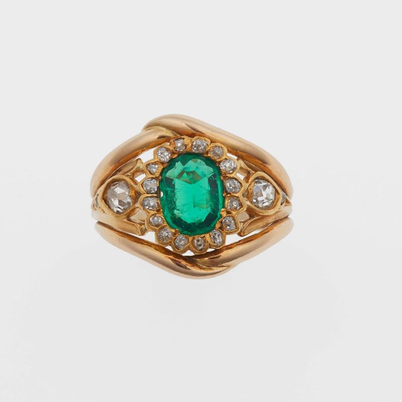 Anello con smeraldo Colombia e diamanti di vecchio taglio  - Auction Fine Jewels - Cambi Casa d'Aste