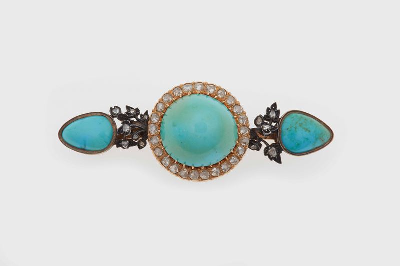 Spilla con turchesi e diamanti di vecchio taglio  - Auction Fine Coral Jewels - II - Cambi Casa d'Aste