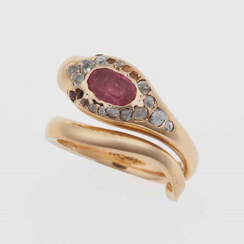 Anello serpente con piccolo rubino e diamanti di vecchio taglio  - Auction Fine Jewels - Cambi Casa d'Aste