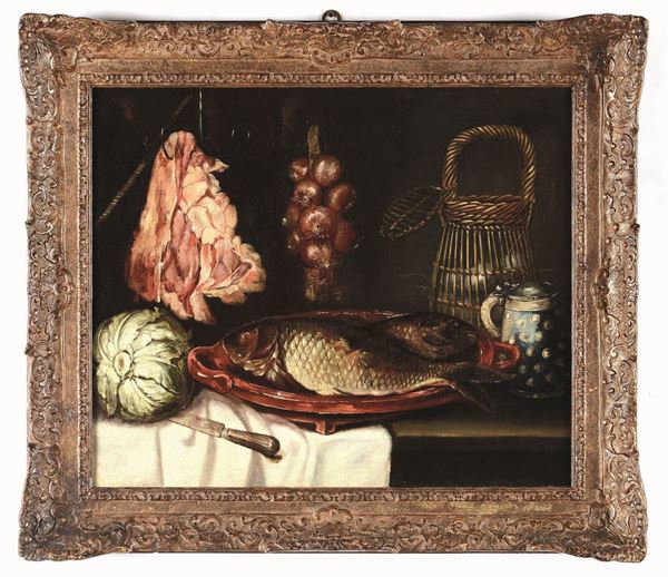 Alexander Adriaenssen (Anversa 1587-1661) Natura morta con pesci, carni e verdure