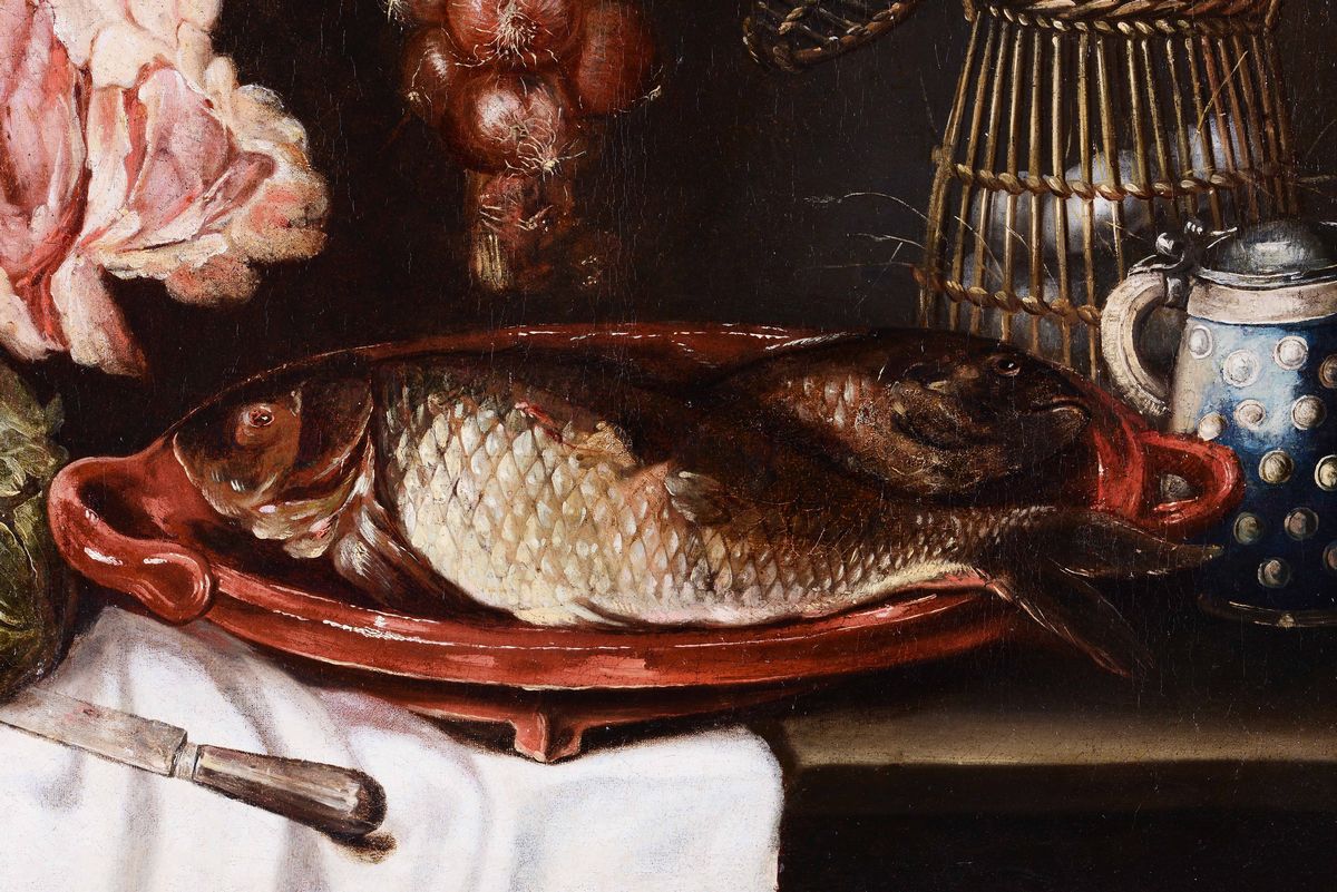 Alexander Adriaenssen (anversa 1587-1661)natura Morta con Pesci, Carni e Verdure
