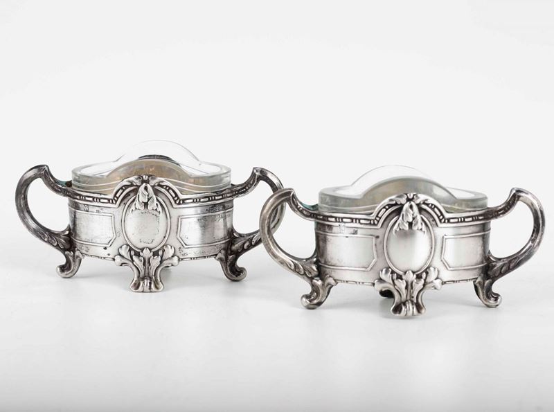 Coppia di saliere in cristallo e argento in stile art nouveau, Germania XIX-XX secolo  - Auction Silvers - Time Auction - Cambi Casa d'Aste