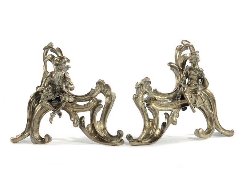 Coppia di alari in bronzo dorato, XIX secolo  - Asta Antiquariato I - Asta a Tempo - Cambi Casa d'Aste