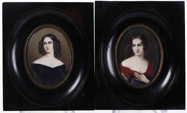 Coppia di miniature raffiguranti ritratti femminili, XIX-XX secolo