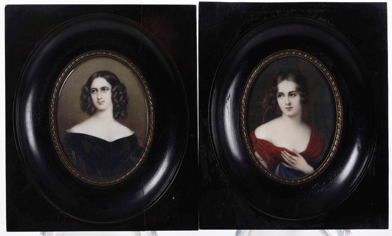 Coppia di miniature raffiguranti ritratti femminili, XIX-XX secolo  - Asta Antiquariato I - Asta a Tempo - Cambi Casa d'Aste