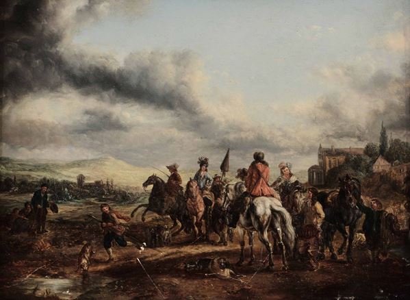 Scuola fiamminga del XVIII secolo Paesaggi con personaggi a cavallo
