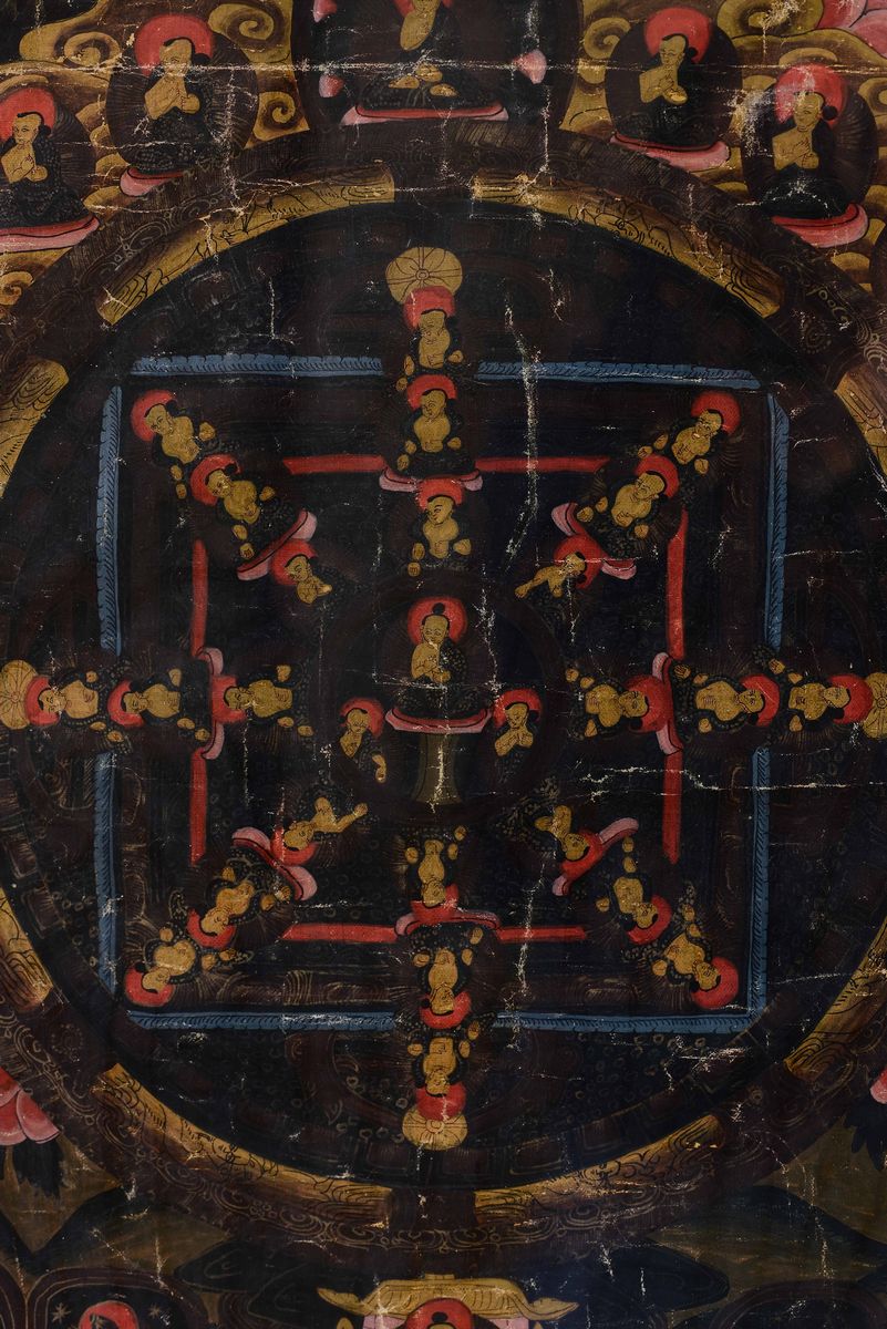 Thangka in Seta Raffigurante Mandala su Fondo Nero, Tibet, XIX Secolo
