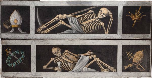 Allegoria della Morte e del Tempo. Coppia di dipinti olio su tela. Scuola del XVII-XVIII secolo