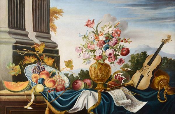 Pittore del XIX secolo Natura morta raffigurante rovine, vaso di fiori e strumenti musicali