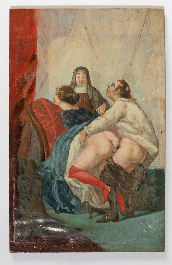 Scuola francese (?) del XIX secolo Interno con scena erotica