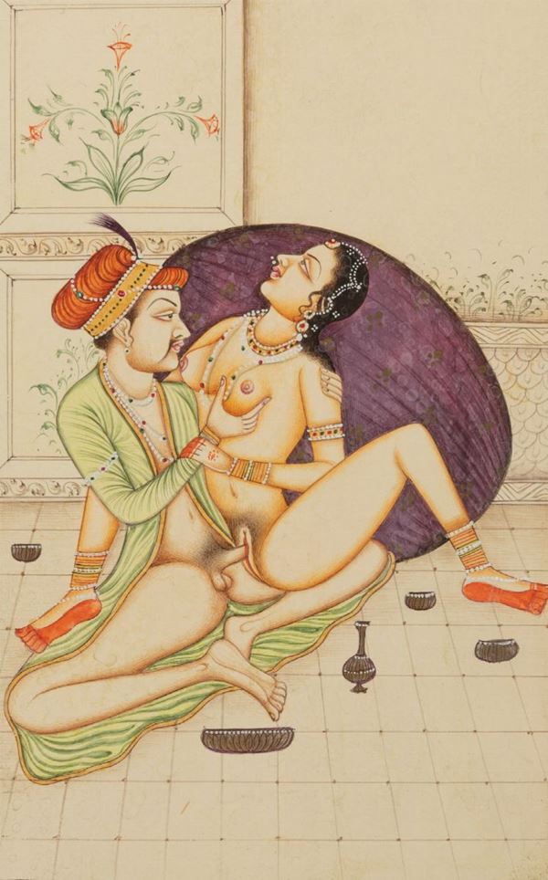 Pergamena dipinta con scena del Kamasutra. India (?) XX secolo