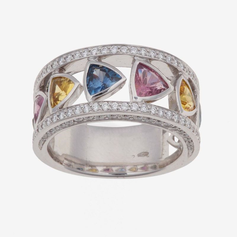 Anello con zaffiri multicolor e diamanti  - Auction Jewels - Time Auction - Cambi Casa d'Aste