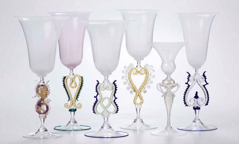 Sei bicchieri in vetro soffiato policromo, Murano XX secolo  - Auction Antiques II - Timed Auction - Cambi Casa d'Aste
