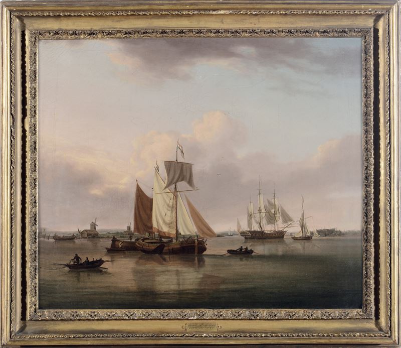 William Anderson (1757-1837) Veduta costiera con imbarcazioni  - olio su tela - Asta Dipinti Antichi - Cambi Casa d'Aste