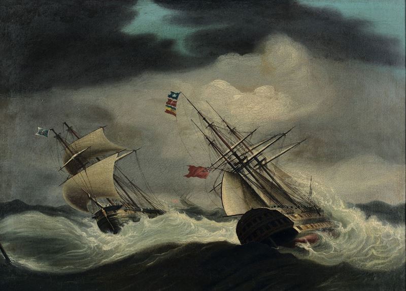 Cornelis Van Der Velden (1806-1828) Velieri in mare in tempesta  - Asta Dipinti Antichi - Cambi Casa d'Aste