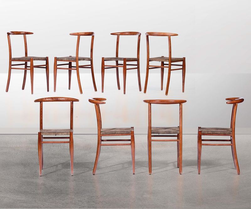 Otto sedie con struttura in legno e seduta in paglia intrecciata.  - Auction Design - Cambi Casa d'Aste