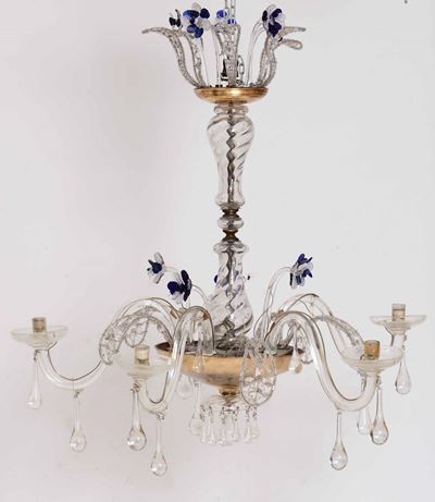 Lampadario in Vetro di Murano a Sei Bracci, XX Secolo CM 98x100