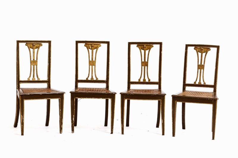 Quattro sedie in legno intagliato, dipinto e dorato, XIX secolo  - Asta Antiquariato e dipinti  IV | Asta a Tempo - Cambi Casa d'Aste