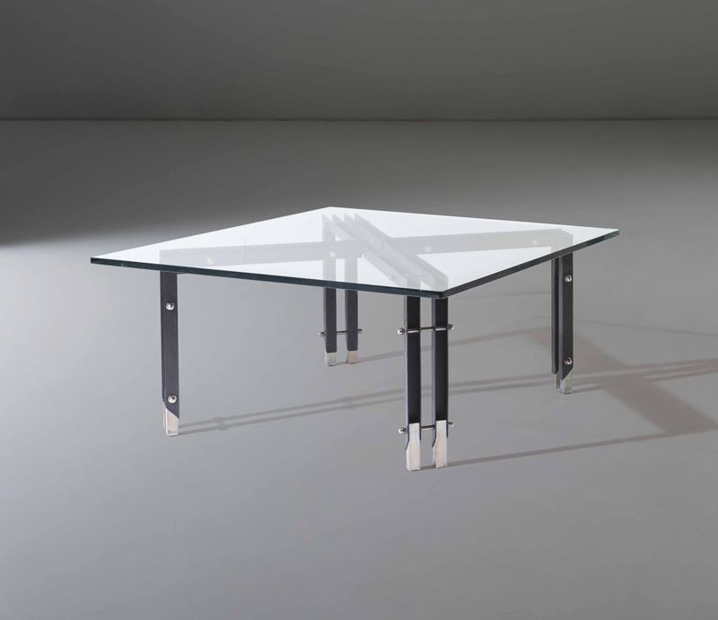 Tavolo basso con struttura in metallo, metallo nichelato e piani in vetro molato.  - Asta PopUp Design - Cambi Casa d'Aste