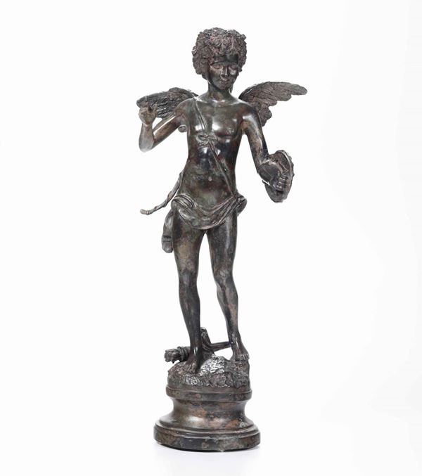 Cupido (Alerte). Bronzo patinato, fonditore del XIX-XX secolo, da un modello di Augsute Moreau (1834- [..]