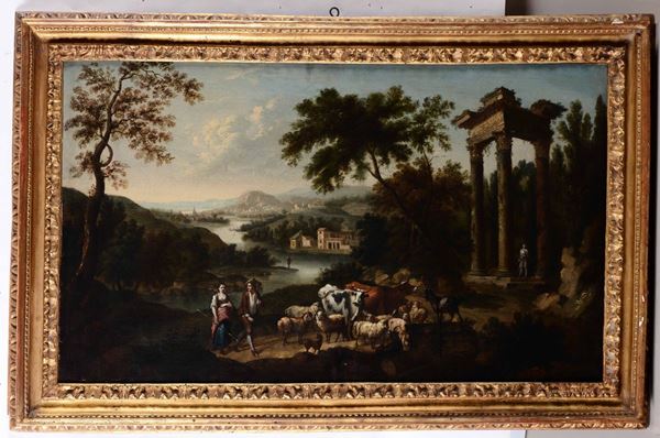 Tommaso Porta - Tommaso Porta (Brescia 1686 o 1689 - Verona 1768) Paesaggio fluviale con pastori, armenti e rovine classiche